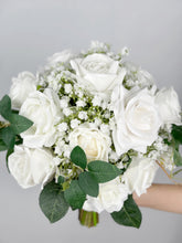 Load image into Gallery viewer, White and Greenery - Boho Bridal Bouquet,Bridesmaid Bouquet, Made with Artificial Rose, Baby&#39;s Breath and Rose Leaves
