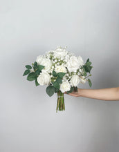 Load image into Gallery viewer, White and Greenery - Boho Bridal Bouquet,Bridesmaid Bouquet, Made with Artificial Rose, Baby&#39;s Breath and Rose Leaves
