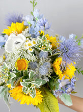 Load image into Gallery viewer, Sunflower and Thistle - Boho Bridal Bouquet,Wedding Bouquet, Bridesmaid Bouquet, Made with Artificial Wildflowers, Sunflowers, Thistle, Anemone, Daisy, Delphinium
