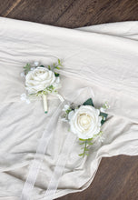 Load image into Gallery viewer, White and Greenery - Boho Bridal Bouquet,Bridesmaid Bouquet, Made with Artificial Rose, Baby&#39;s Breath and Rose Leaves
