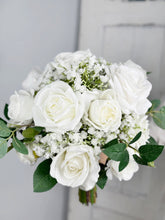 Load image into Gallery viewer, White and Greenery - Boho Bridal Bouquet,Bridesmaid Bouquet, Made with Artificial Rose, Baby&#39;s Breath and Rose Leaves
