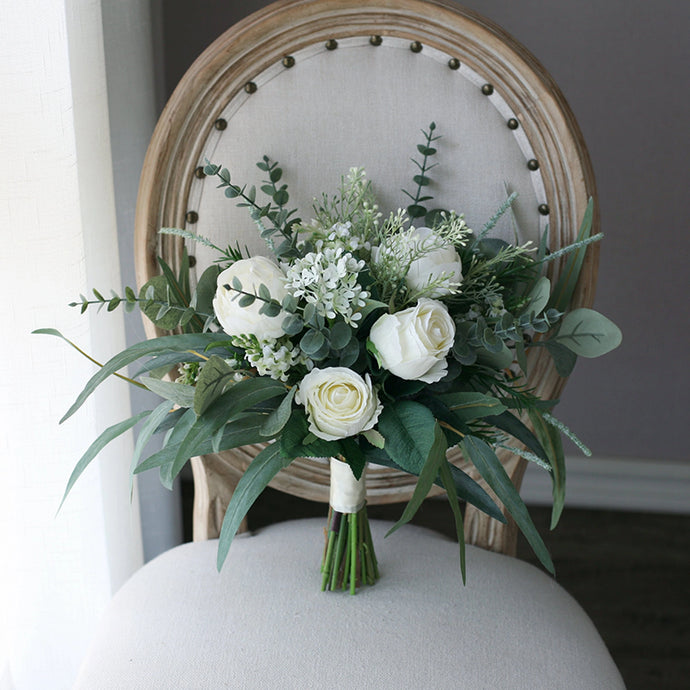 Free-Form Bridal Bouquet in White and Forest Green, Simple & Elegant Wedding Bouquet