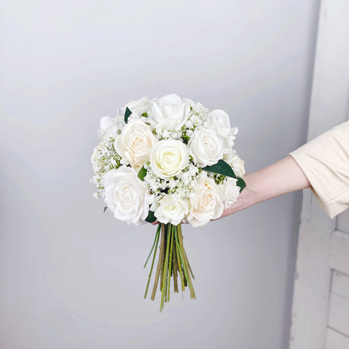 Rose & Baby's Breath - Round Bridal Bouquet in White & Ivory, Rustic Wedding Flower