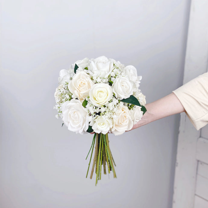 Rose & Baby's Breath - Round Bridal Bouquet in White & Ivory, Rustic Wedding Flower