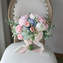 Load image into Gallery viewer, Round Bridal Bouquet in Blue &amp; Blush, Deluxe Faux Wedding Bouquet
