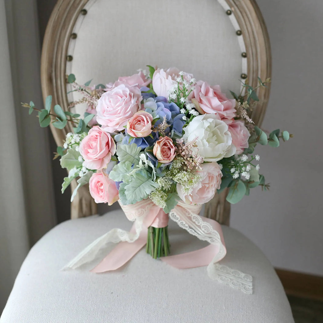 Round Bridal Bouquet in Blue & Blush, Deluxe Faux Wedding Bouquet