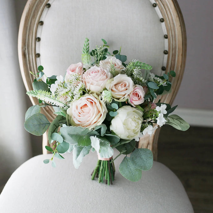 Round Bridal Bouquet in Blush & Peach, Deluxe Silk Wedding Bouquet