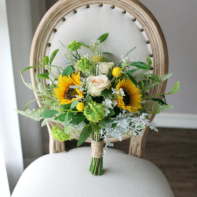 Sunflower Free-Form Bridal Bouquet, Rustic Wedding Bouquet with Wildflowers