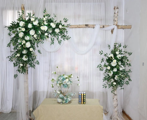 Wedding Arch Flowers & Table Runner in White and Forest Green Rose