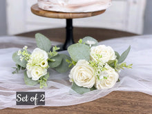 Load image into Gallery viewer, Wedding Cake Topper Flowers in White &amp; Sage Green, Set of 2 Floral Cake Decoration
