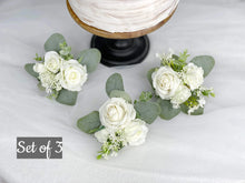 Load image into Gallery viewer, Wedding Cake Topper Flowers in White &amp; Sage Green, Set of 3 Floral Cake Decoration
