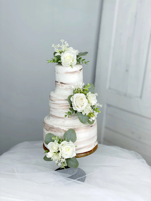 Wedding Cake Topper Flowers in White & Sage Green, Set of 3 Floral Cake Decoration