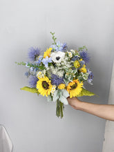 Load image into Gallery viewer, Sunflower and Thistle - Boho Bridal Bouquet,Wedding Bouquet, Bridesmaid Bouquet, Made with Artificial Wildflowers, Sunflowers, Thistle, Anemone, Daisy, Delphinium
