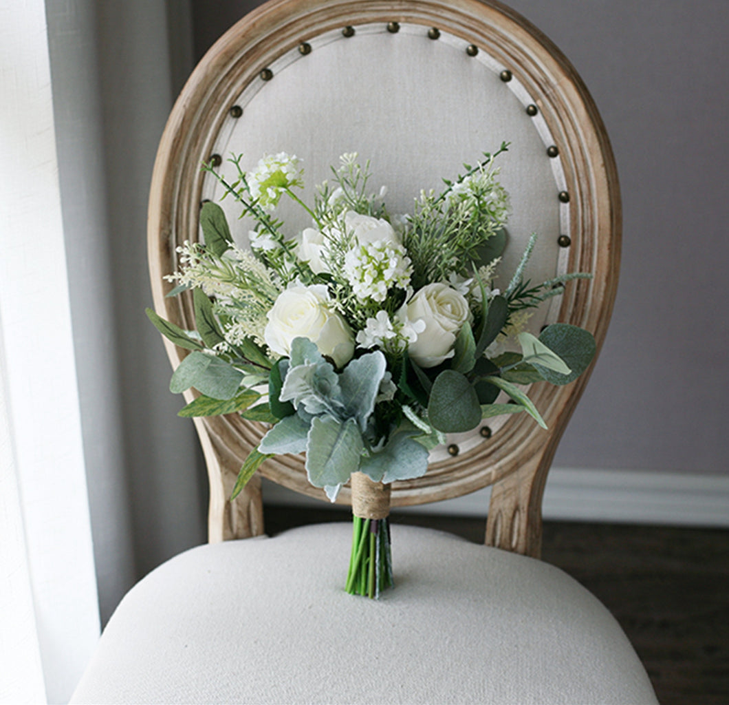 White and Sage - Wedding Bouquet, Made with Artificial Roses, Peonies, Dusty Miller and Eucalyptus