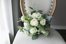 Load image into Gallery viewer, White and Sage - Wedding Bouquet, Made with Artificial Roses, Peonies, Dusty Miller and Eucalyptus
