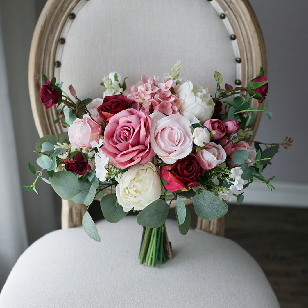 Burgundy, Mauve and Dusty Pink - Wedding Bridal Bouquet, Made with Artificial Roses, Peonies and Hydrangeas