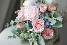 Load image into Gallery viewer, Blue and Blush - Wedding Bridal Bouquet, Made with Artificial Roses, Peonies and Hydrangeas.
